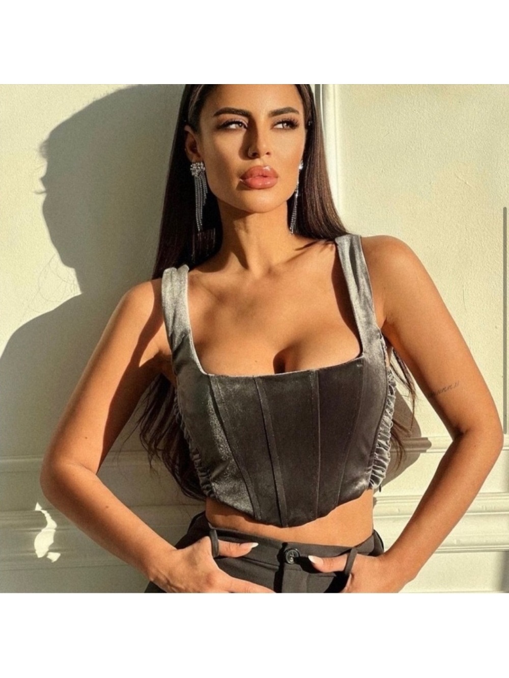 Zara Velvet Corset Crop Top – Size Small – Gunsmoke Gray